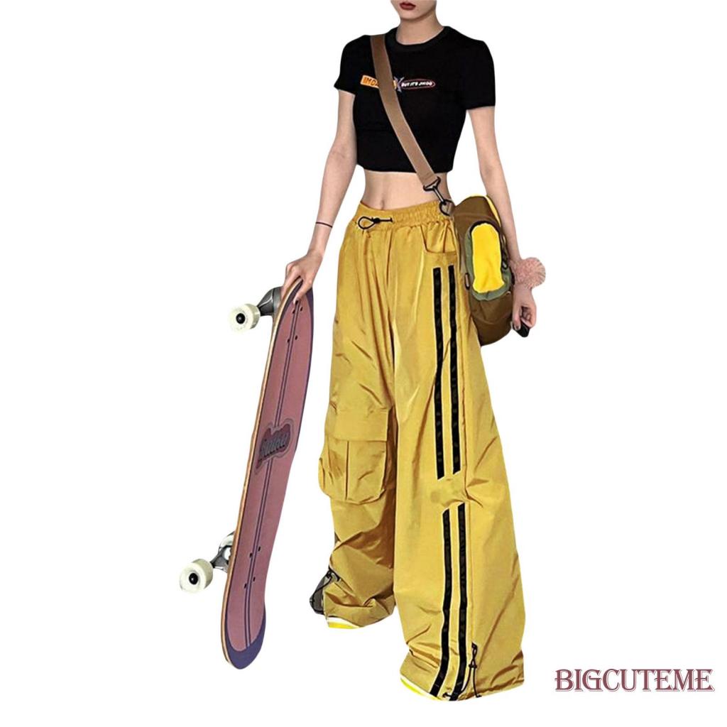 [] Quần Baggy Cạp Cao Có Túi In Họa Tiết Sọc Và Dây Rút Cho Nữ