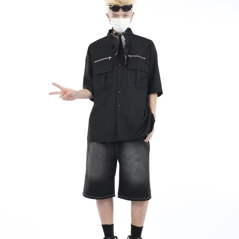 Áo Sơ Mi Ngắn Tay Dáng Rộng Phối Khóa Kéo Cá Tính Theo Phong Cách Đường Phố Mỹ Dành Cho Nam Và Nữ