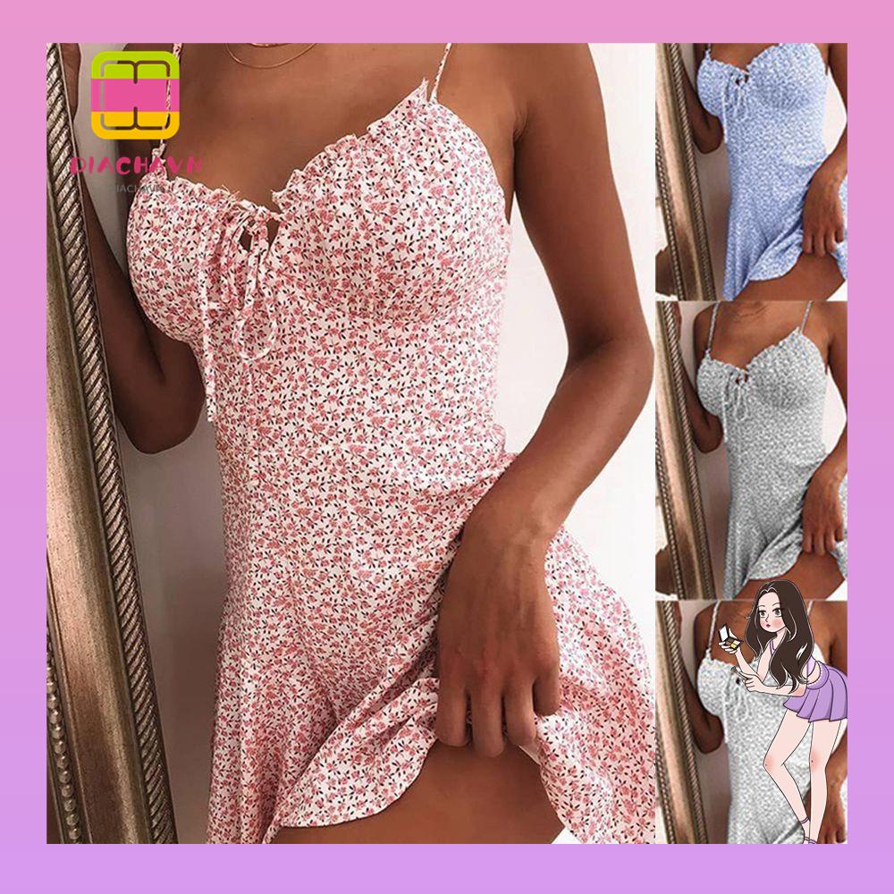 Đầm Hai Dây Cổ Chữ V Họa Tiết Hoa Phong Cách Boho Thời Trang Đi Biển Cho Nữ
