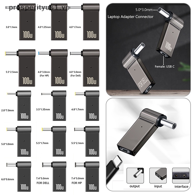 Giắc Chuyển Đổi 100W 5A PD DC Sang Type C Femal 5.5 / 7.4 Bằng Hợp Kim Kẽm Kèm Đầu Chuyển Đổi Nguồn Cho Dell / HP / ASUS