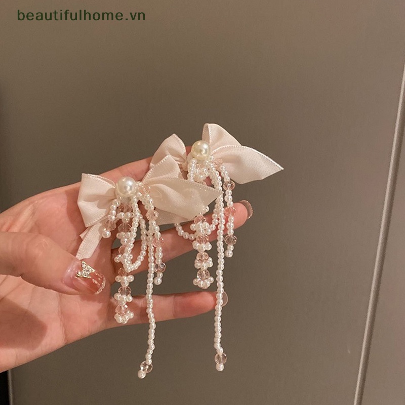 Bông Tai Mạ Bạc 925 Hình Nơ Đính Ngọc Trai Dáng Dài Xinh Xắn
