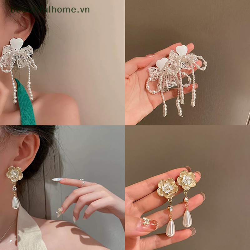 [beautifulhome] Bông Tai Ngọc Trai Kim Loại Dài Tua Rua Hình Học Thời Trang Cổ Điển Tinh Tế [beauty]