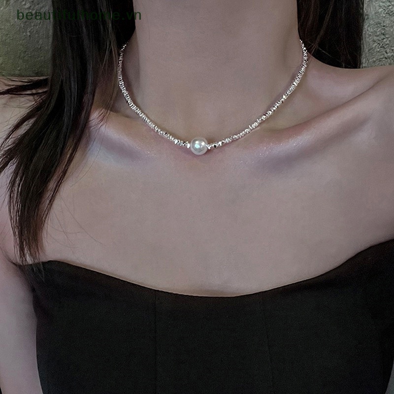 Vòng Cổ Choker Màu Bạc Đính Ngọc Trai Lấp Lánh Thời Trang Cho Nữ