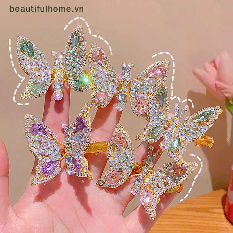 [beautifulhome] Kẹp Tóc Cánh Bướm Đính Đá Kim Cương Giả Hình Học Bằng Kim Loại Có Thể Di Chuyển Phù Hợp Với Bé Gái [Đẹp