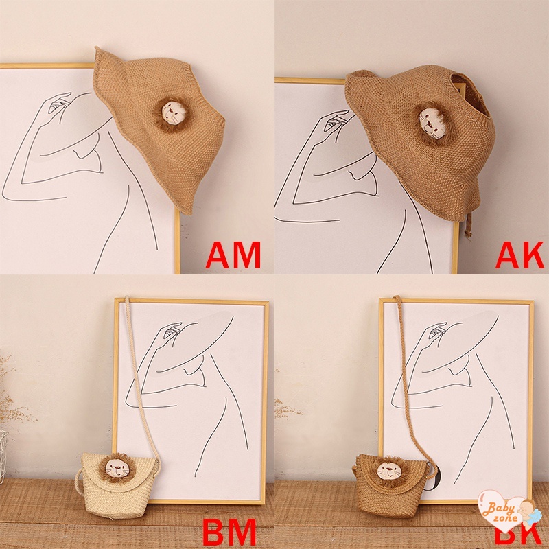 Khung Thành Cho Bé Chất Lượng Cao❤Mũ Cói Hở Chóp Thêu Hình Sư Tử Hoạt Hình Phong Cách Hàn Quốc Cho Nữ