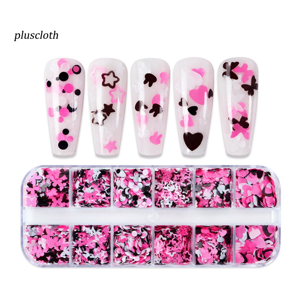 1 Hộp 12 Ngăn Đựng Hạt Kim Sa Tròn / Bướm / Ngôi Sao / Trái Tim Trang Trí Móng Tay Nghệ Thuật