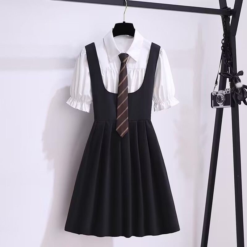 Preppy Style Girls' Suit Puff Sleeve White Shirt High Waist Slimming Slip Dress JK Uniform Suspender Pleated Skirt Two-Piece Suit