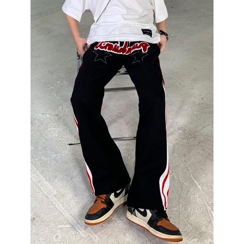 Quần Dài Ống Rộng Màu Đỏ Đen Phong Cách Retro Mỹ 2023 Cho Nam