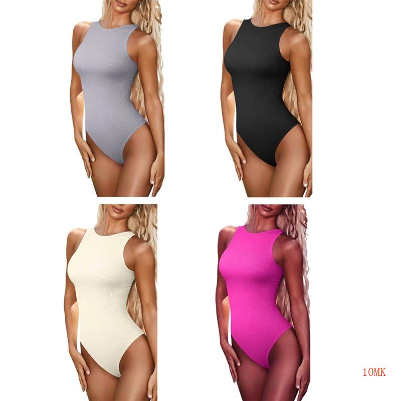 Xiangbao Áo Liền Quần Không Tay Một Mảnh Có Gân Màu Trơn Cho Nữ