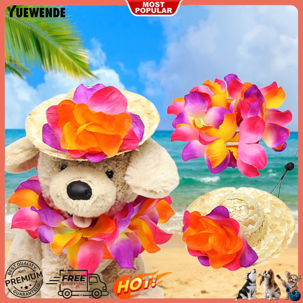 Yq.e Mũ Rơm Hawaiian Thoáng Khí Màu Tươi Sáng Kèm Vòng Hoa Cho Thú Cưng
