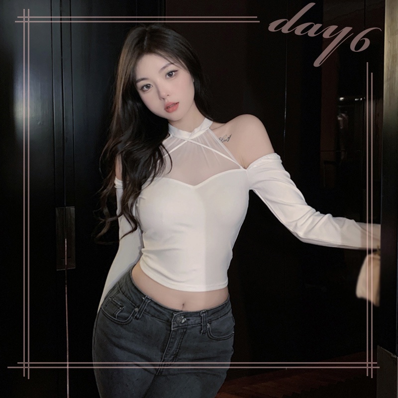 Áo Croptop Tay Dài Phối Lưới Màu Sắc Thanh Lịch Cho Phái Nữ