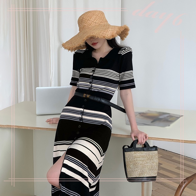 Đầm Dệt Kim Tay Ngắn Cổ Chữ V Họa Tiết Kẻ Sọc Thời Trang Hàn Quốc Xinh Xắn Cho Nữ