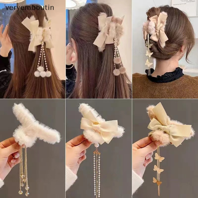 Kẹp Tóc Đuôi Ngựa Bằng Lông Nhung Đính Nơ Tua Rua Thời Trang Thu Đông