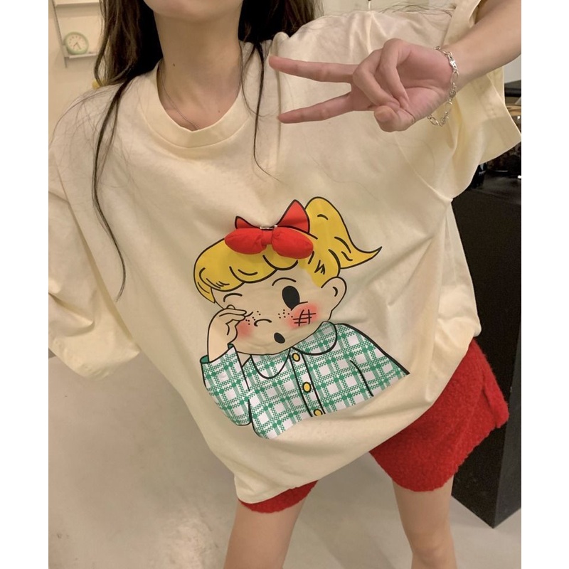 Áo Thun Tay Ngắn Dáng Rộng Phối Nơ Dễ Thương Phong Cách Retro Dành Cho Nữ