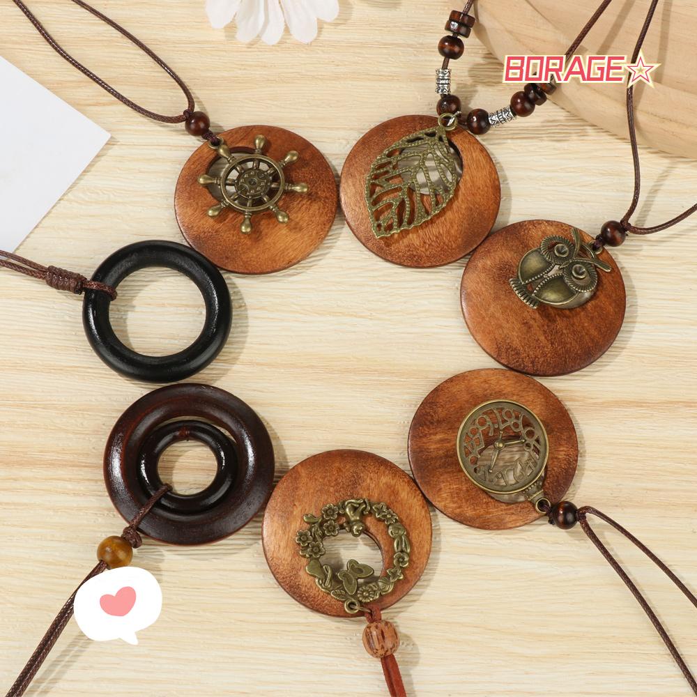 Vòng Cổ Dây Da Mặt Gỗ Phong Cách Retro Cổ Điển