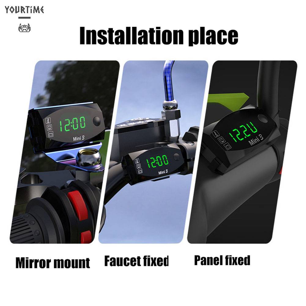 Đồng Hồ LED Đo Nhiệt Độ Xe Máy 12V Chống Nước 3 Trong 1