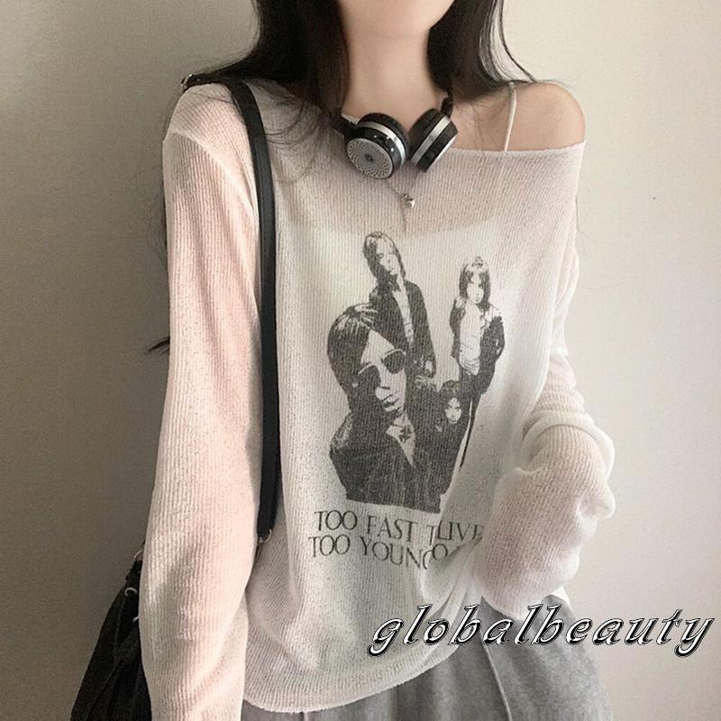 Áo Dệt Kim Mỏng Nhẹ Tay Dài Dáng Rộng In Họa Tiết Chân Dung Đơn Giản Dành Cho Nữ