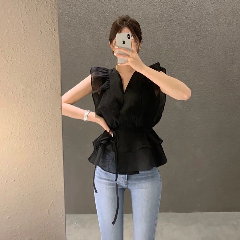Áo Sơ Mi Cổ Chữ V Không Tay Phối Bèo Thời Trang Mùa Hè Hàn Quốc 2023 Dành Cho Nữ