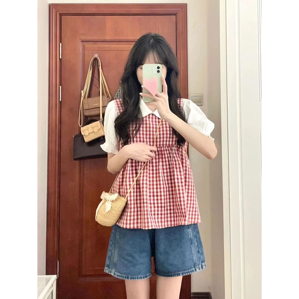 Áo Sơ Mi Hai Dây Kẻ Caro Đỏ Phong Cách Preppy Thời Trang Mùa Hè 2023 Mới Cho Nữ