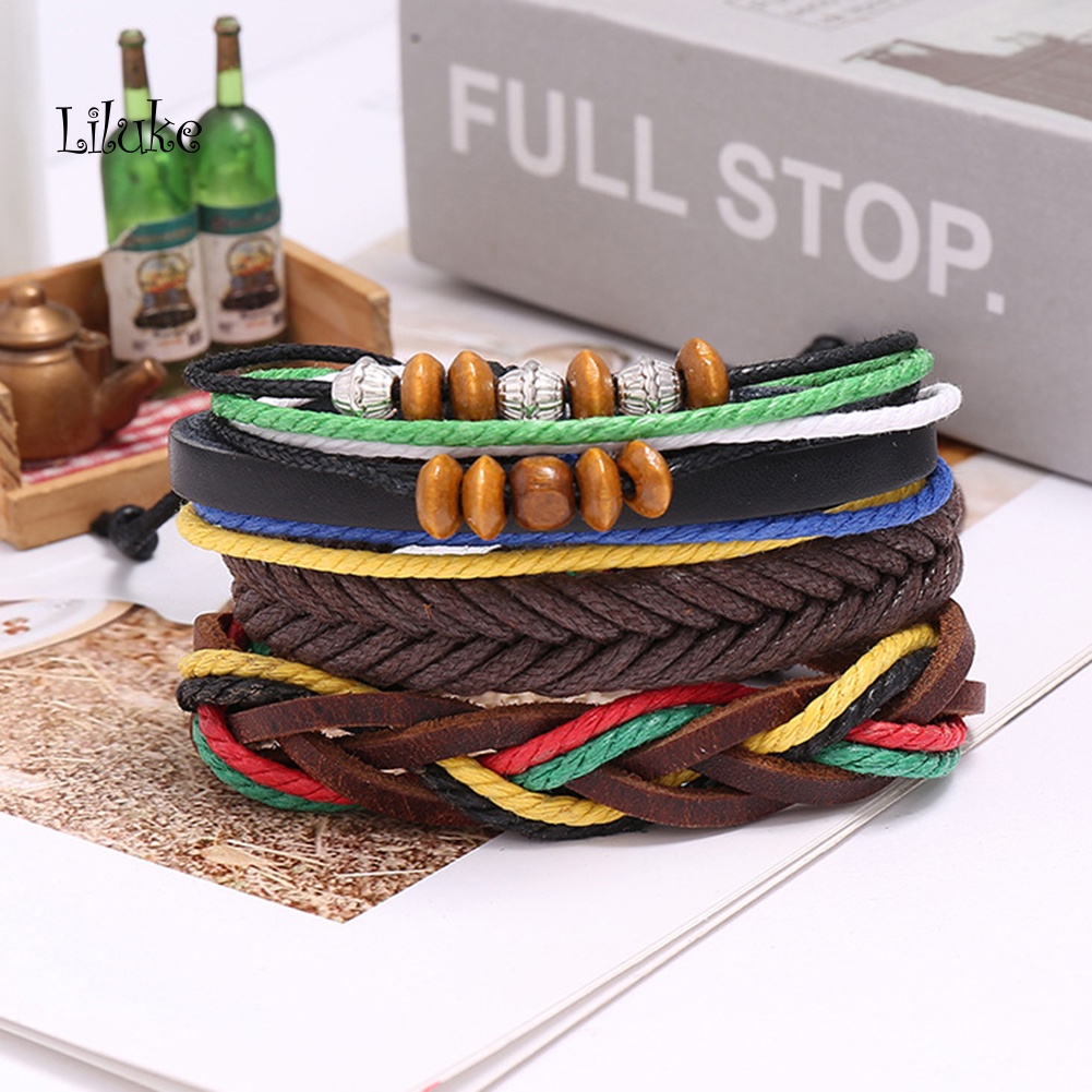 Bộ 3 Vòng Tay Dây Bện Giả Da Trang Trí Hạt Màu Trơn Cổ Điển