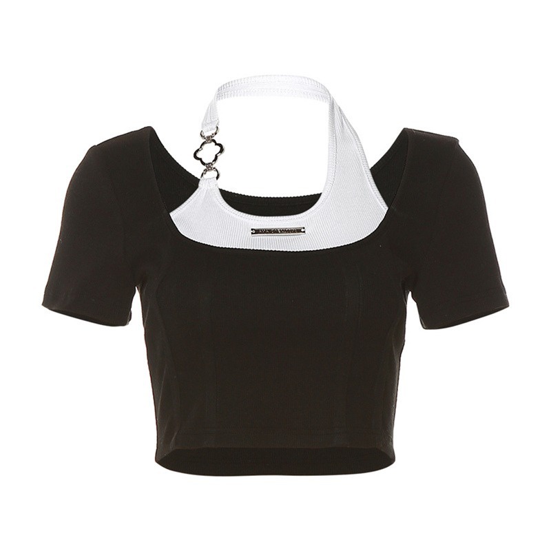 Áo Thun Ngắn Tay Giả Hai Lớp Cài Nút Họa Tiết Hoa Tương Phản Phong Cách Mới Mùa Hè Cho Nữ