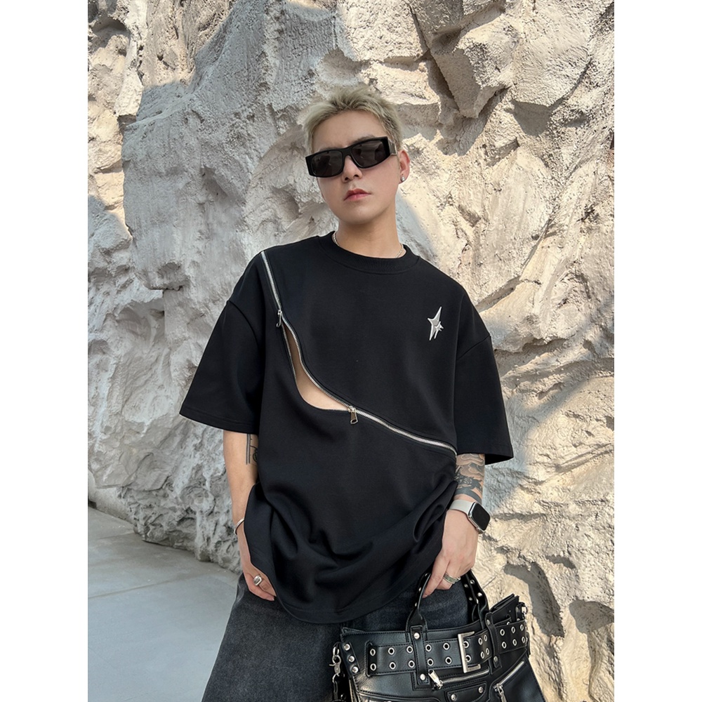 Áo Thun Ngắn Tay Cổ Tròn Dáng Rộng Phối Khóa Kéo Kim Loại Thời Trang Mùa Hè Giản Dị Dành Cho Nam