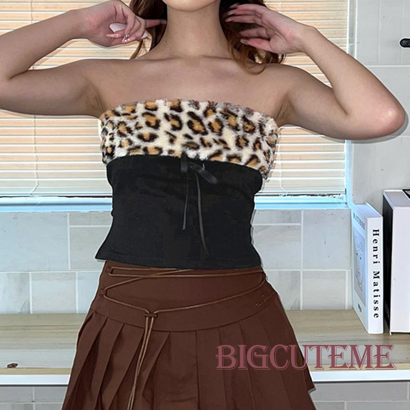 [] - Áo Ống Màu Đen Ghép Vải Họa Tiết Da Báo Đính Nơ Trước Không Dây Hở Lưng Mùa Hè Cho Nữ