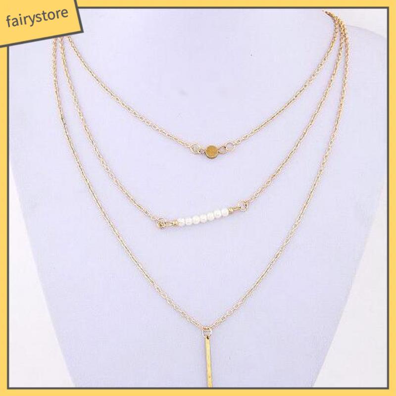 [FTO] Vòng Cổ Ba Lớp Ngọc Trai Với Chuỗi Xương Ngắn Đính Kim Sa