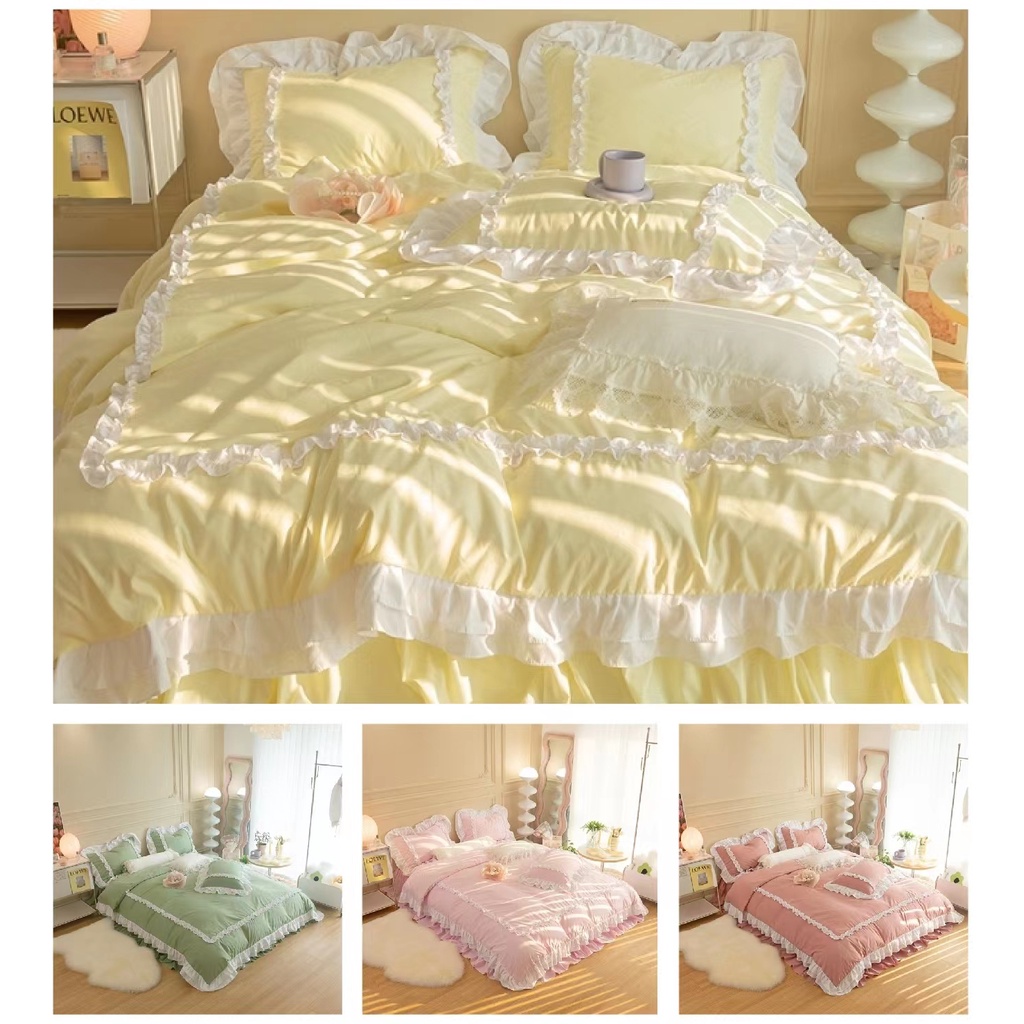 Bộ Ga Trải Giường Bốn Mảnh Bằng cotton Màu Trơn Họa Tiết Hoạt Hình Công Chúa Có Thể Giặt Rửa 3.5 feet 5 feet 6 feet