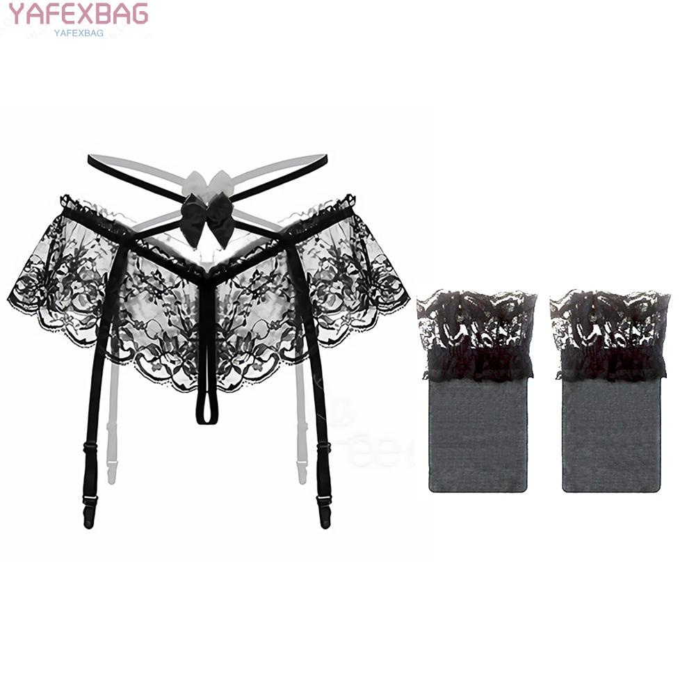 Women Sexy Lace Suspender Belt with Stockings Socks Garter Set Lingerie Thongs