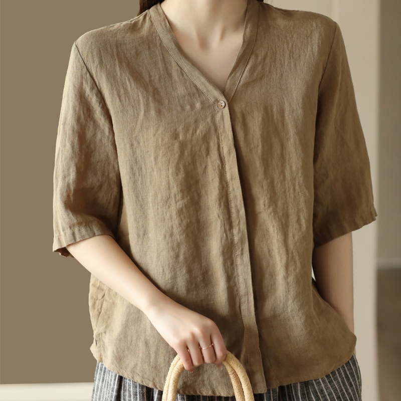 Áo Khoác Cardigan Vải Lanh Cổ V Tay Lửng Dáng Rộng Thời Trang Cho Nữ