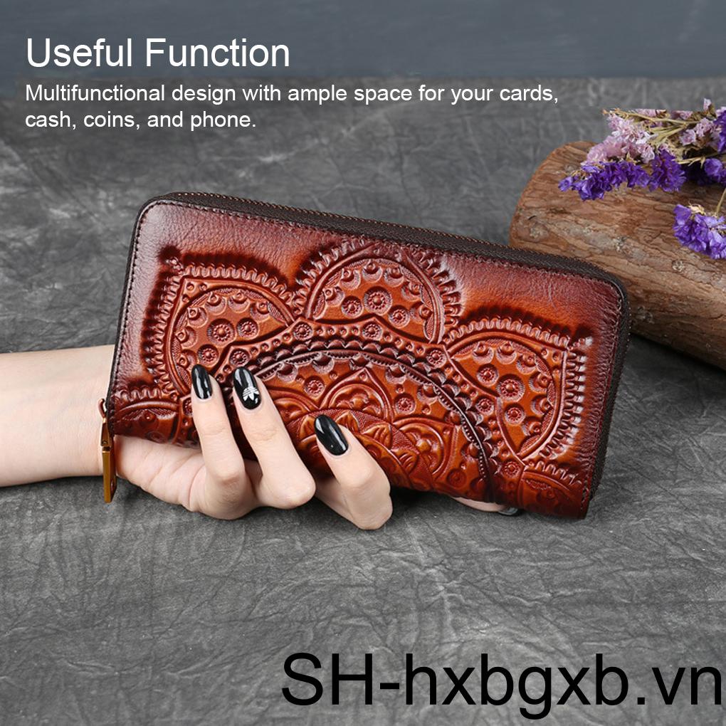 Ví Da Thật Dáng Dài Dập Nổi Họa Tiết Phong Cách Cổ Điển Sang Trọng Kèm Dây Đeo Điện Thoại / Ví Đựng T