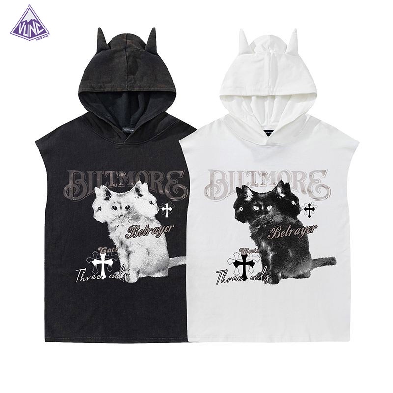 Áo Thun Sát Nách Có Mũ Trùm Dáng Rộng In Hình Mèo Phong Cách hip hop Thời Trang Mùa Hè Cho Nam