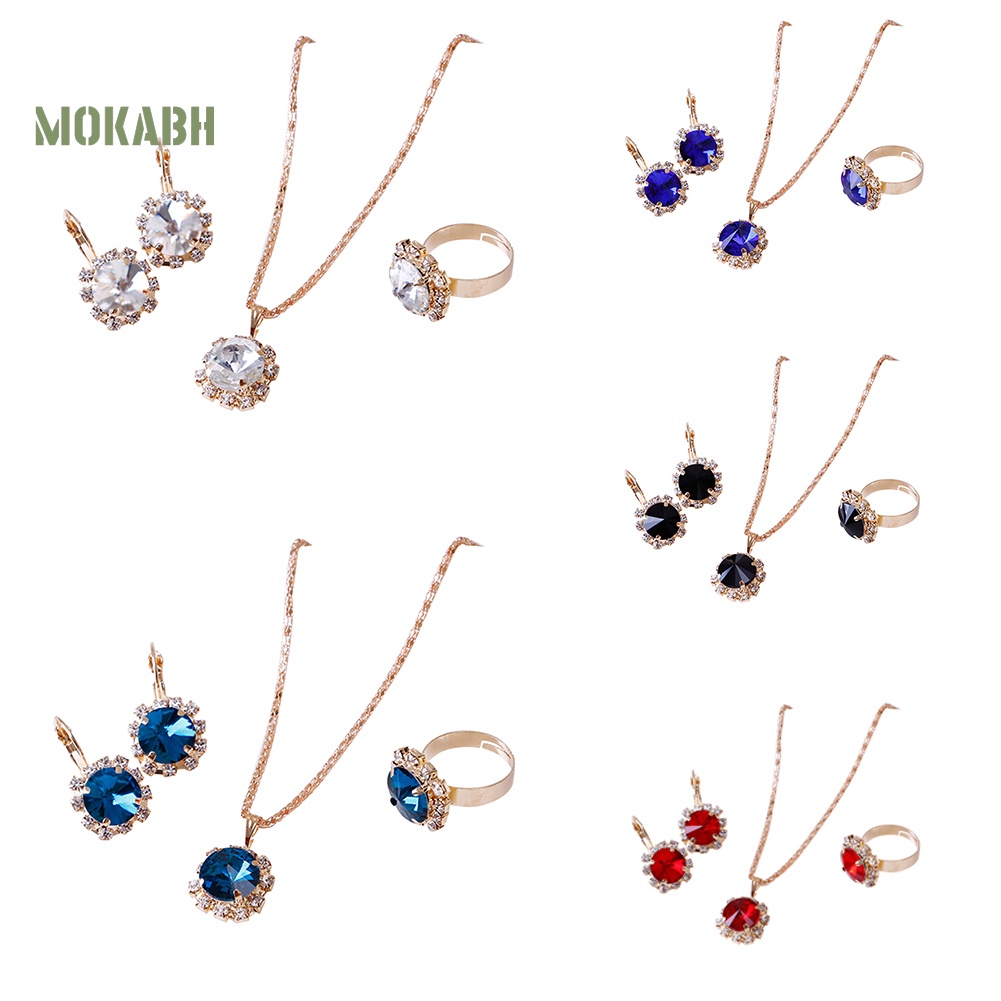 Bộ Vòng cổ + Nhẫn + Bông Tai Hình Tròn Đính Đá Thời Trang Cho Nữ