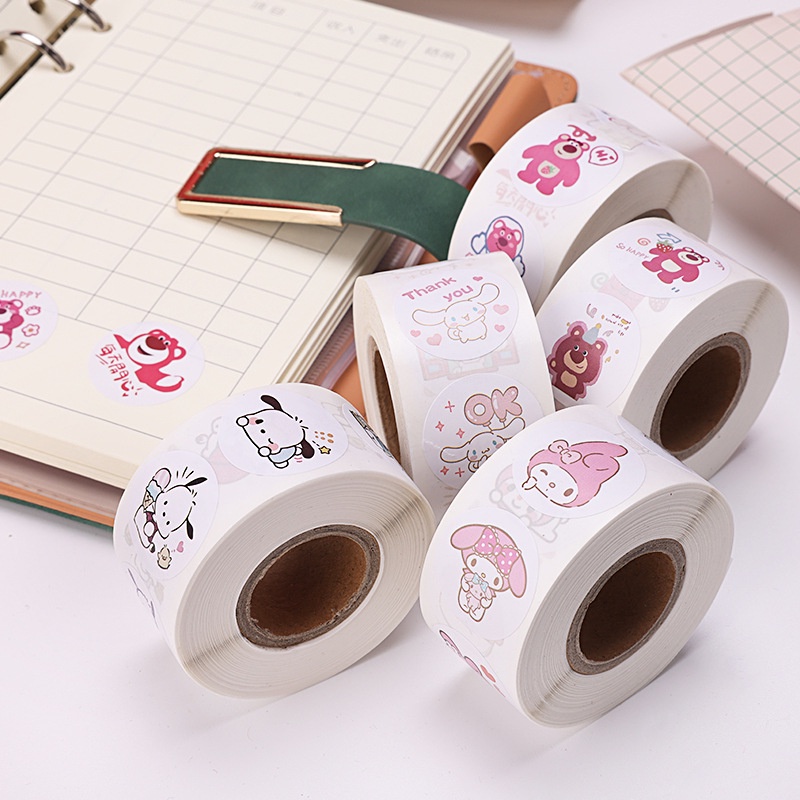 Sanrio Cuộn 500 Miếng Dán Tròn Họa Tiết Gấu Dâu Tây Dễ Thương