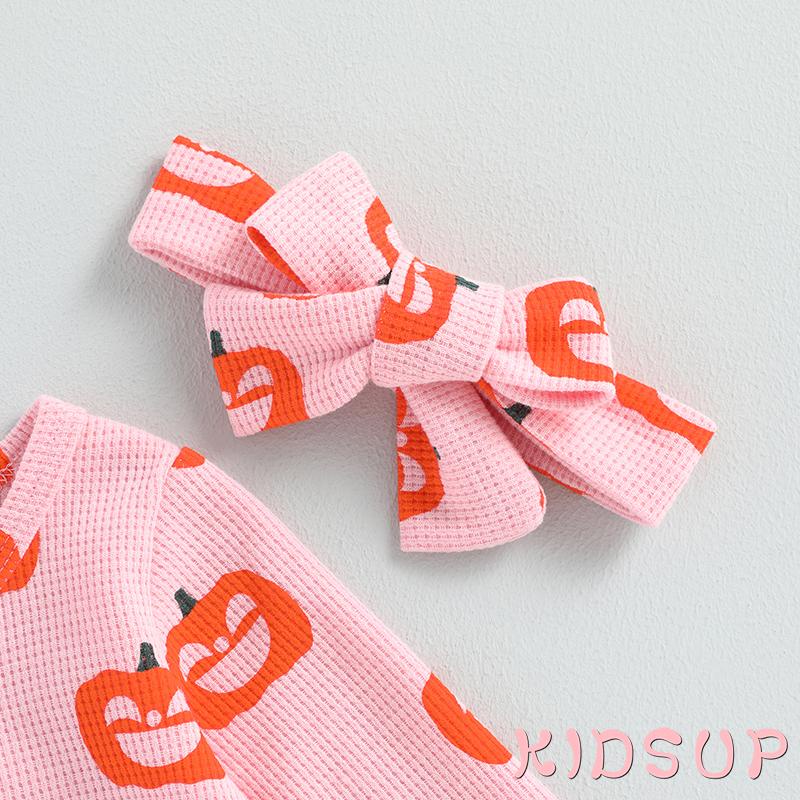 Bộ Áo Liền Quần Tay Dài Cổ Tròn In Họa Tiết Bí Ngô + Băng Đô Cài Tóc Xinh Xắn Cho Bé Gái