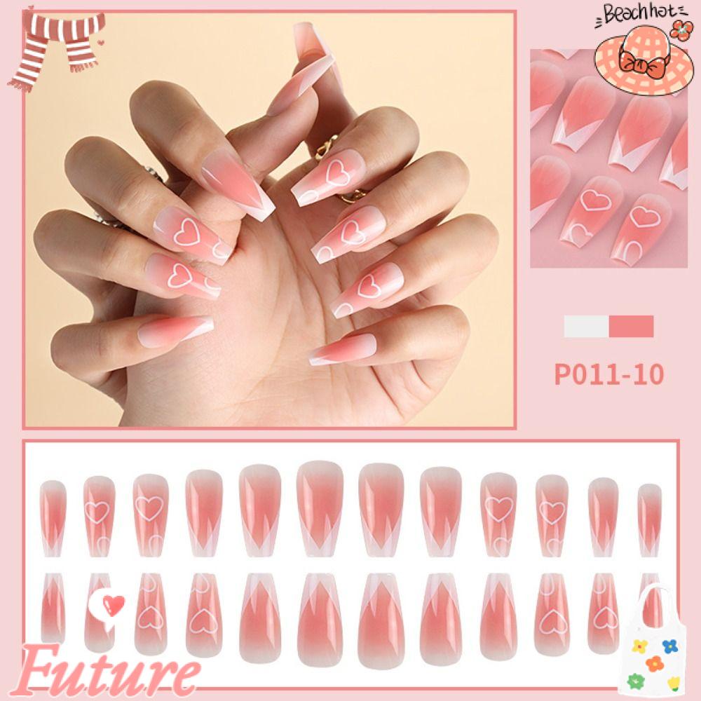 FUTURE Bộ 24 Móng Tay Giả Che Phủ Toàn Diện Tháo Rời Được Họa Tiết Trái Tim Dễ Thương