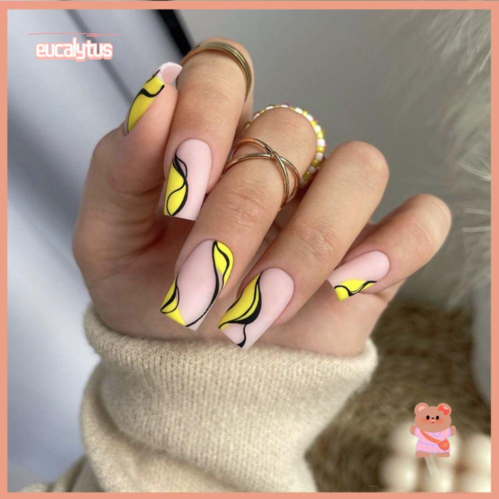 EUTUS Set 24 Móng Tay Giả Màu Vàng Đen Họa Tiết Da Báo Cá Tính