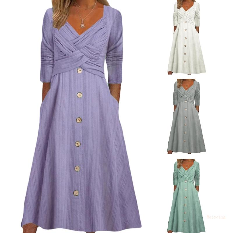Đầm Midi Tay Dài Cổ Chữ V Chéo Cài Nút Thời Trang Dành Cho Nữ