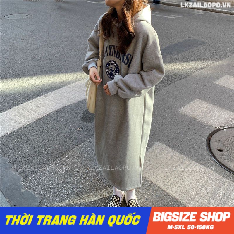 Váy đầm nữ Bigsize Đầm nỉ hoodie dáng suông tay dài Dày dặn mùa thu Phong cách Hàn Quốc Thời Trang đẹp