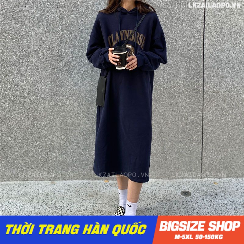 Váy đầm nữ Bigsize Đầm nỉ hoodie dáng suông tay dài Dày dặn mùa thu Phong cách Hàn Quốc Thời Trang đẹp