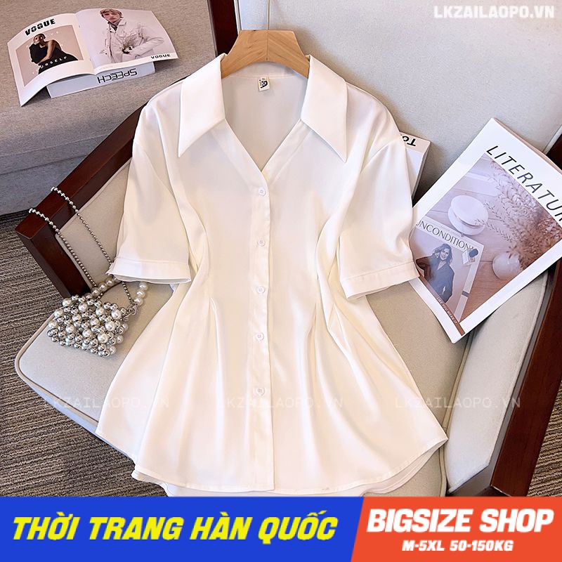 Áo sơ mi nữ tay ngắn Bigsize Áo sơ mi voan form rộng có cổ trắng mùa hè Phong Cách hàn quốc đẹp Thanh Lịch cho nữ
