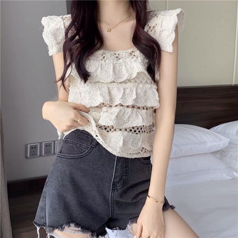 [LININ] Áo Không Tay Cổ Vuông Phối Ren Rỗng Màu Trắng Phong Cách Pháp Sang Trọng
