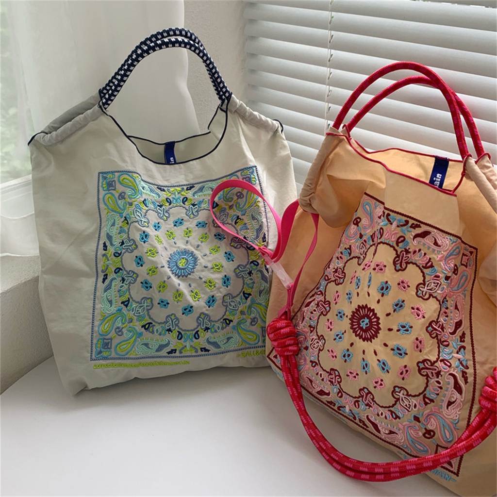 Túi Mua Sắm Bằng Nylon Thêu Hoa Thời Trang Nhật Bản Thân Thiện Với Môi Trường Không Có Dây Đeo