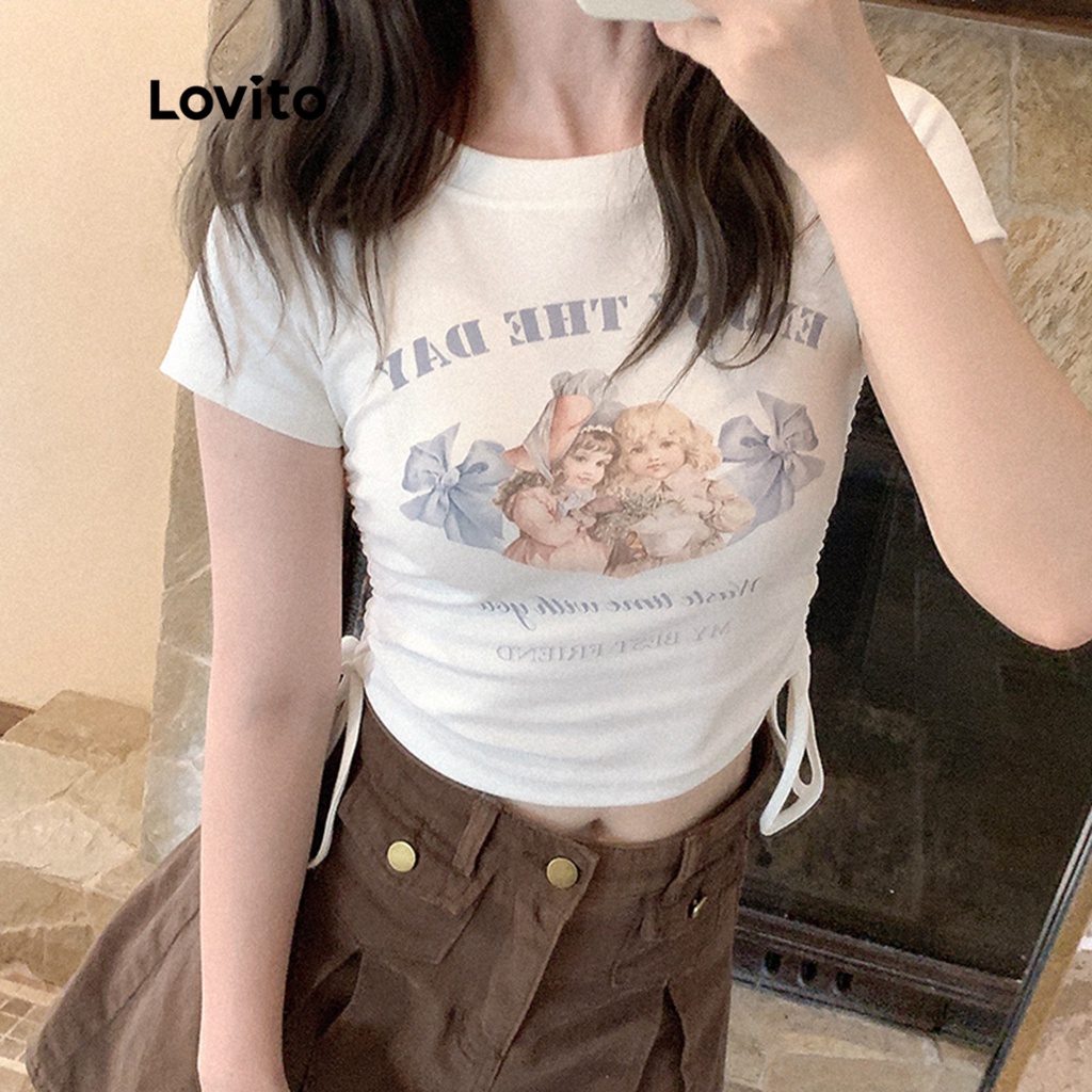 Lovito Áo thun dây rút bất đối xứng xếp nếp đơn giản cho nữ LNA09212 (Trắng)