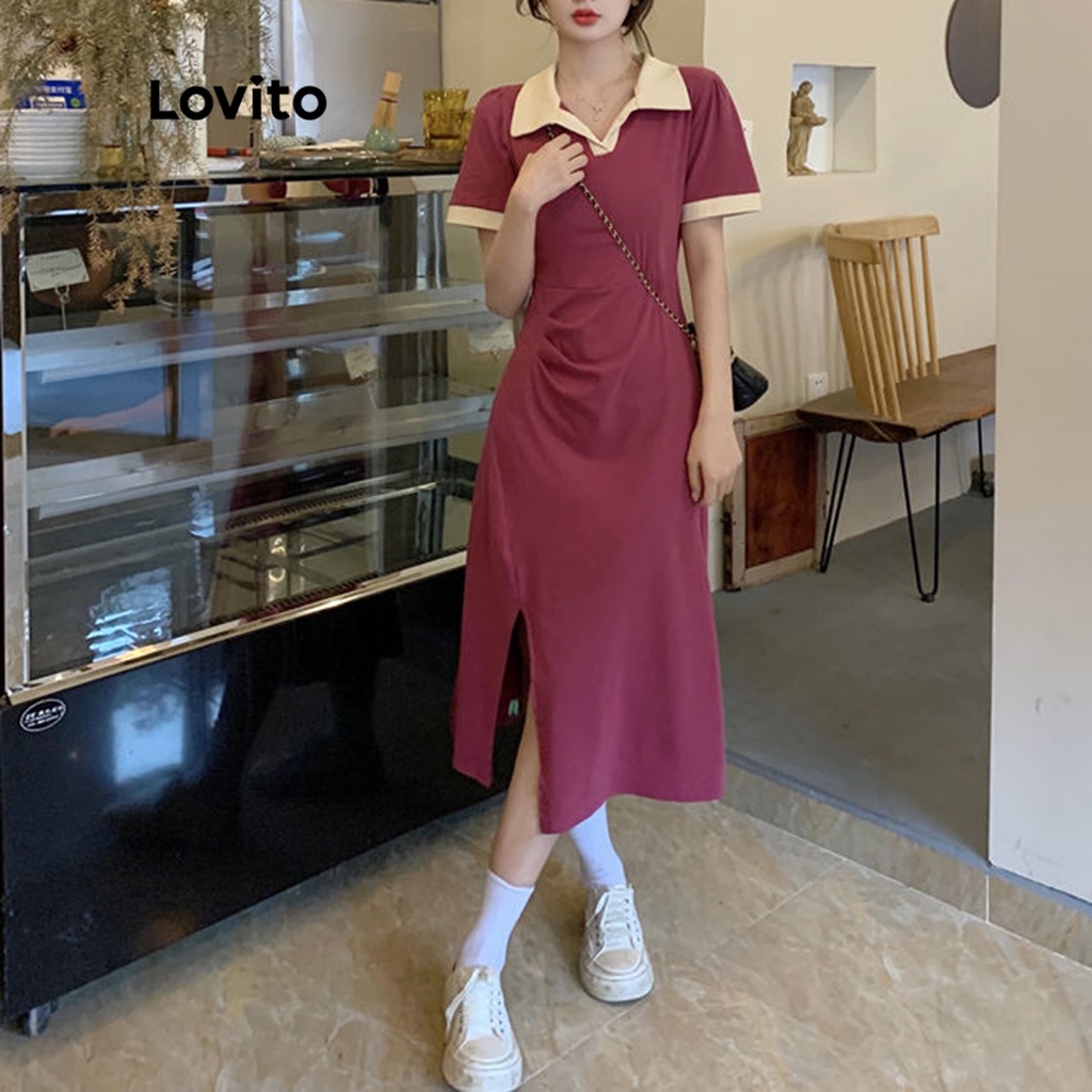 Lovito Váy ngắn tay phối màu trơn giản dị cho nữ LNE09248 (Đen)