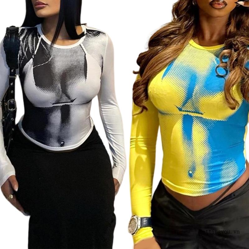 Áo Thun Crop Top Tay Dài In Họa Tiết Cơ Thể Người 3D Vui Nhộn Kiểu Vintage Cho Nữ