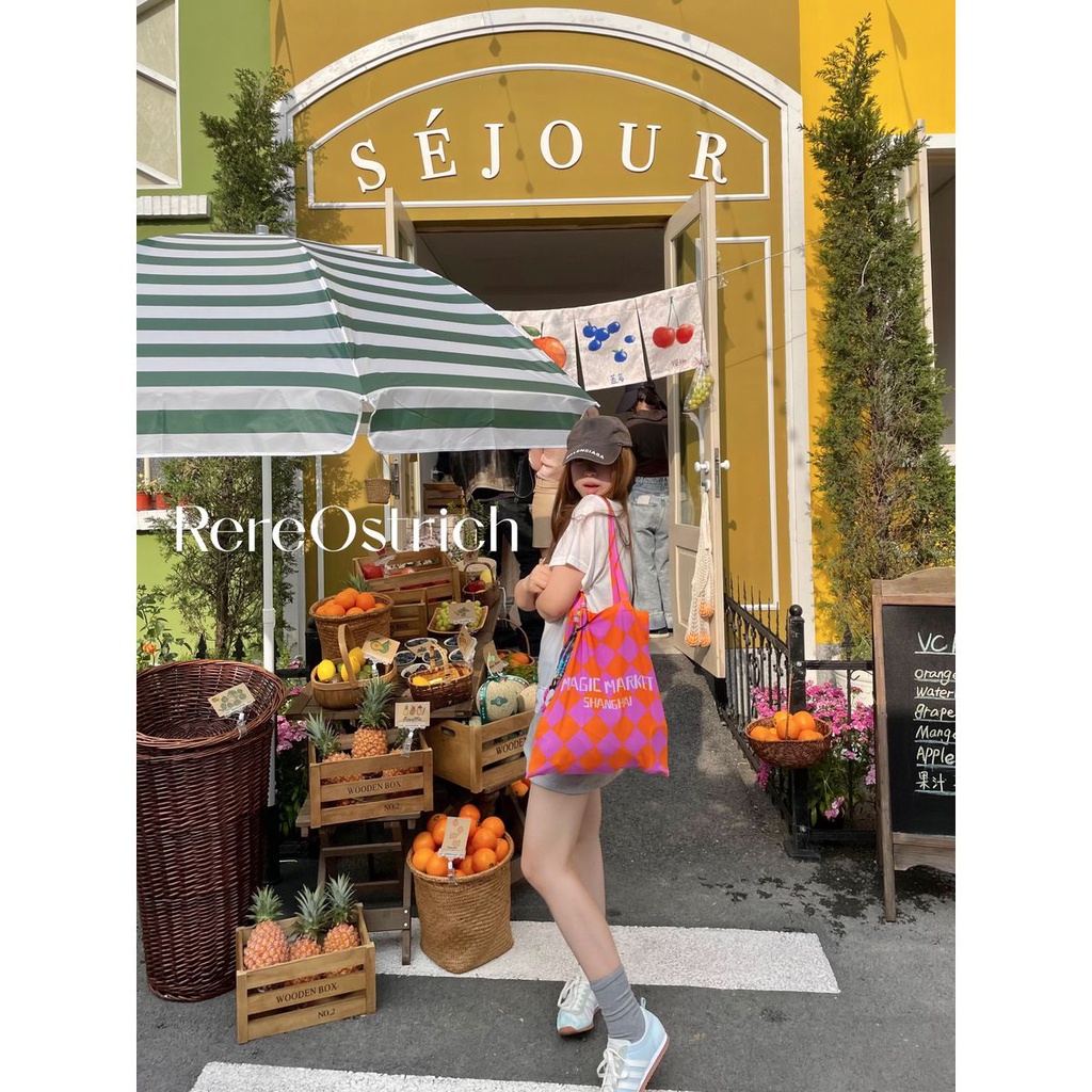 Túi Vải Cotton Nguyên Chất Hình Kim Cương Màu Cam Hồng Thời Trang Mùa Hè