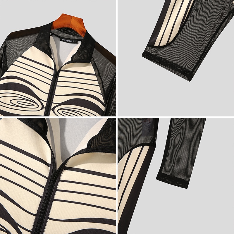 Incerun Áo Lưới Tay Dài In Hình Trừu Tượng Góc Phẳng INCERUN