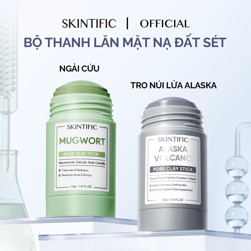 Bộ thanh lăn mặt nạ đất sét SKINTIFIC gồm Thanh lăn mặt nạ đất sét 40g + Thanh lăn mặt nạ đất sét tro núi lửa Alaska 40g